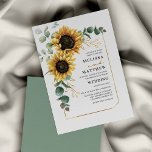 Budget Sunflower Eucalyptus Wedding Invitation<br><div class="desc">Create a modern Sunflower Floral Budget Wedding invitation card with this cute template featuring beautiful rustic floral bouquet, geometric gold effect frame, with modern simple typography. TIP: Matching wedding suite cards like RSVP, wedding programs, banners, tapestry, gift tags, signs, and other wedding keepsakes and goodies are available in the collection...</div>
