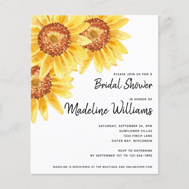 Budget Sunflower Floral Bridal Shower Invitation (Voorkant)