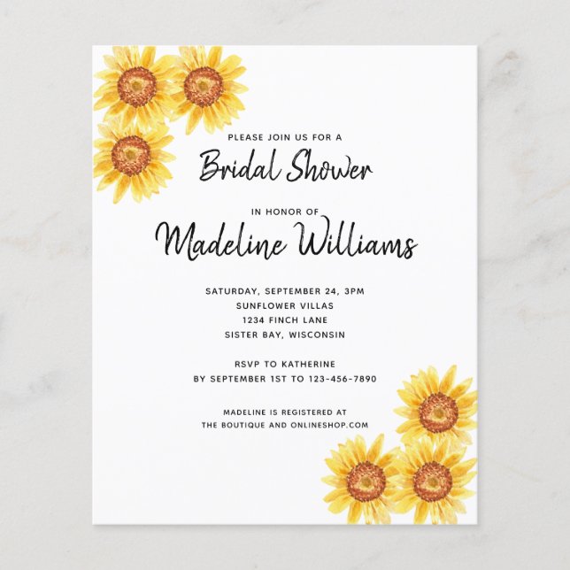 Budget Sunflower Floral Bridal Shower Invitation (Voorkant)