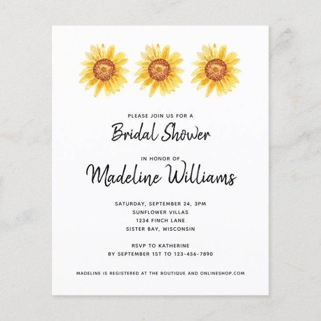 Budget Sunflower Floral Bridal Shower Invitation (Voorkant)