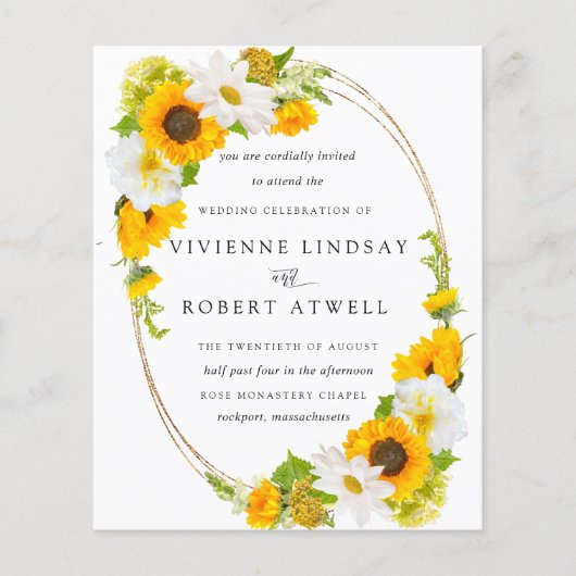 Budget Sunflower Floral Rustic Wedding Invitation (Voorkant)