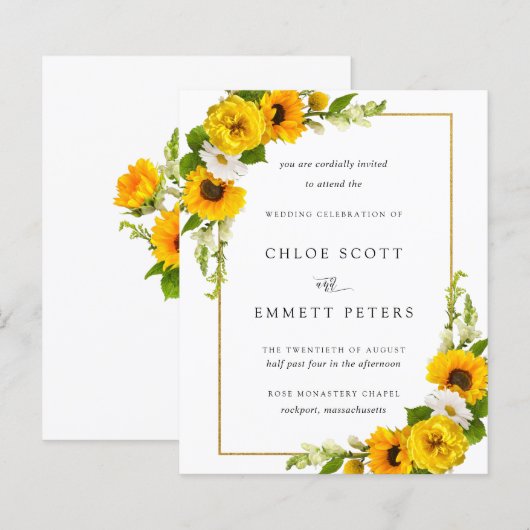 Budget Sunflower Floral Rustic Wedding Invitation (Voorkant / Achterkant)