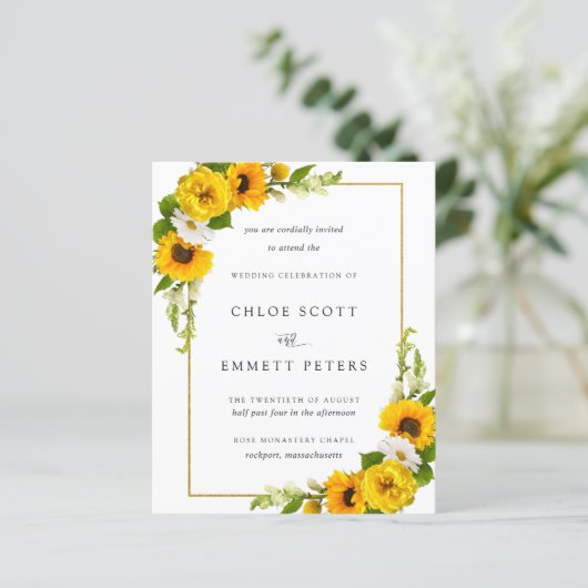 Budget Sunflower Floral Rustic Wedding Invitation (Staand voorkant)