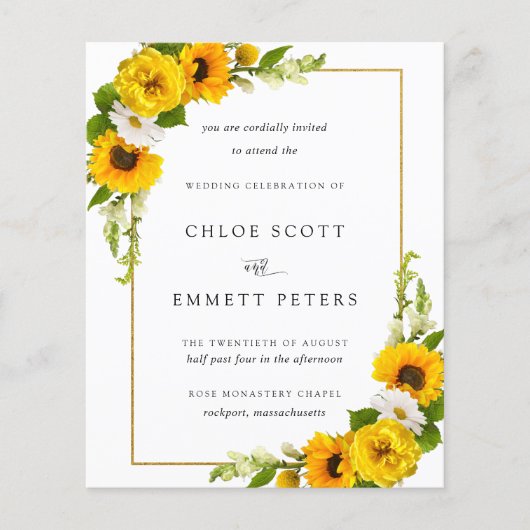 Budget Sunflower Floral Rustic Wedding Invitation (Voorkant)