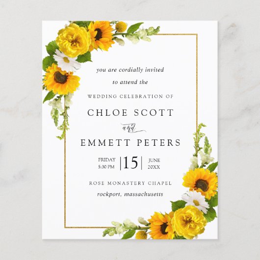 Budget Sunflower Floral Rustic Wedding Invitation (Voorkant)