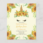 BUDGET Sunflower Floral Unicorn gele uitnodiging (Voorkant)