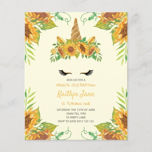 BUDGET Sunflower Floral Unicorn gele uitnodiging (Voorkant)