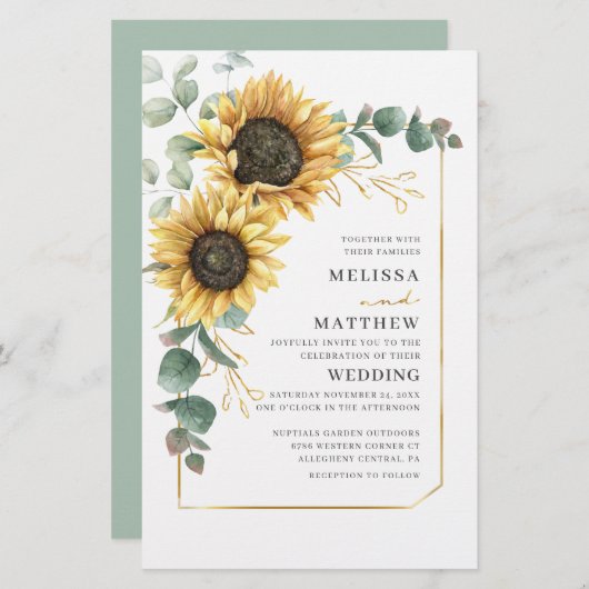 Budget Sunflower Floral Wedding Invitation (Voorkant / Achterkant)
