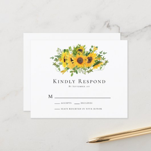 BUDGET Sunflower Floral Wedding RSVP Kaart (Voorkant / Achterkant in situ)