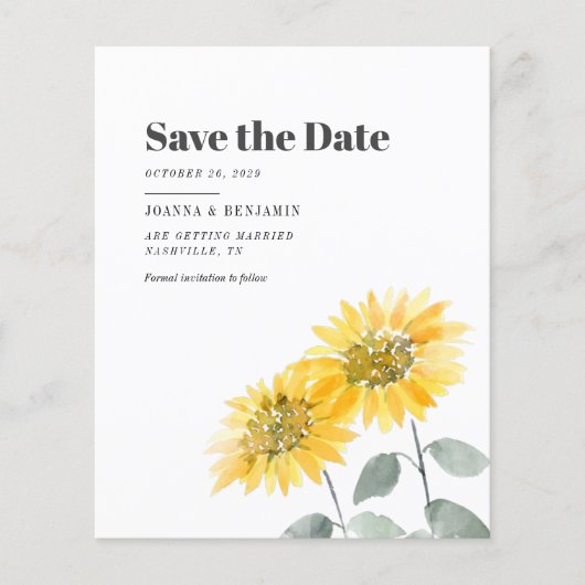 Budget Sunflower Floral Wedding Save the Date (Voorkant)