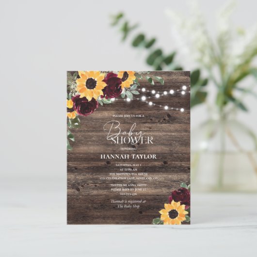 Budget Sunflower Floral Wood Baby shower Invite (Staand voorkant)