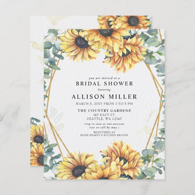 Budget Sunflower Gold Bridal Shower Invitation (Voorkant / Achterkant)