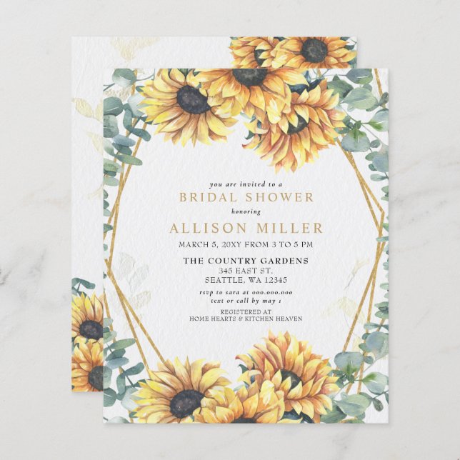 Budget Sunflower Gold Bridal Shower Invitation (Voorkant / Achterkant)