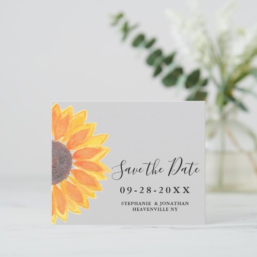Budget Sunflower Grey Wedding Save the Date Kaart (Staand voorkant)