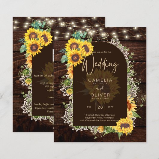 BUDGET Sunflower Lights Lace Wedding INVITE (Voorkant / Achterkant)