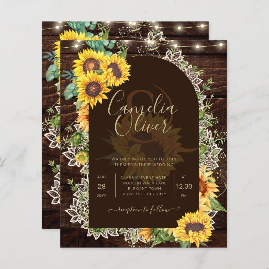 BUDGET Sunflower Lights Lace Wedding INVITE (Voorkant / Achterkant)