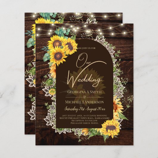 BUDGET Sunflower Lights Lace Wedding INVITE (Voorkant / Achterkant)
