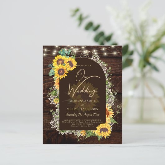 BUDGET Sunflower Lights Lace Wedding INVITE (Staand voorkant)