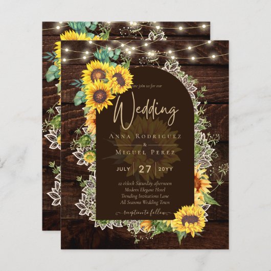 BUDGET Sunflower Lights Lace Wedding INVITE (Voorkant / Achterkant)