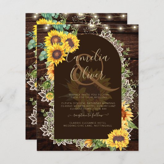BUDGET Sunflower Lights Lace Wedding INVITE (Voorkant / Achterkant)