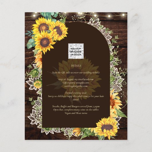 BUDGET Sunflower Lights Lace Wedding INVITE (Achterkant)