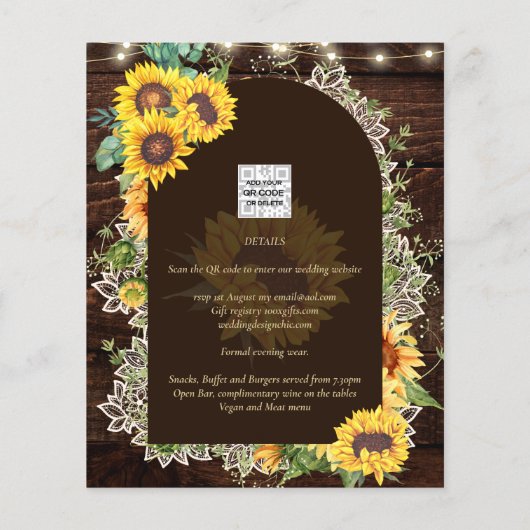 BUDGET Sunflower Lights Lace Wedding INVITE Flyer (Achterkant)