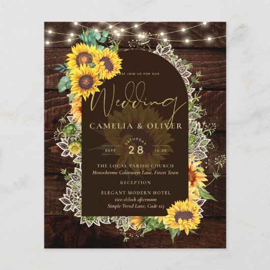 BUDGET Sunflower Lights Lace Wedding INVITE Flyer (Voorkant)