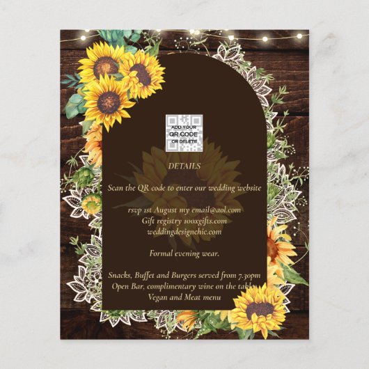 BUDGET Sunflower Lights Lace Wedding INVITE Flyer (Achterkant)