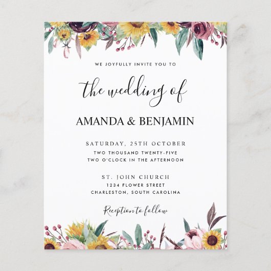 Budget Sunflower Roos Burgundy Rustic Fall Wedding (Voorkant)