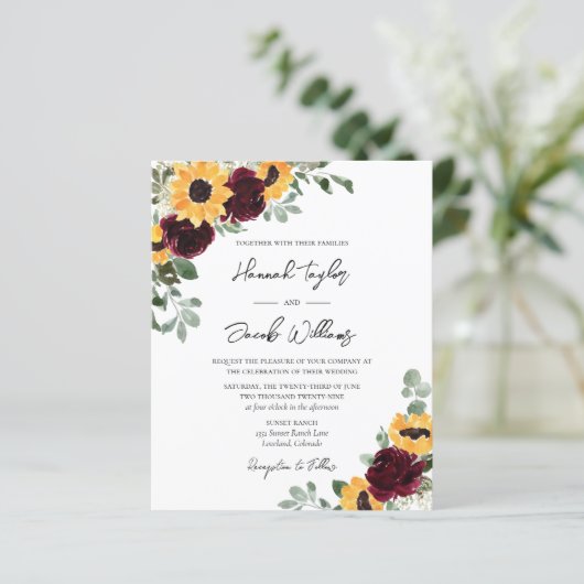 Budget Sunflower Rustic Wedding met RSVP Uitnodigi (Staand voorkant)