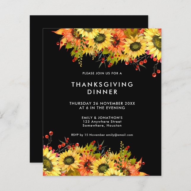 Budget Sunflower Thanksgiving Dinner Black Invite (Voorkant / Achterkant)
