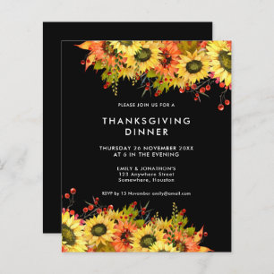Budget Sunflower Thanksgiving Dinner Black Invite