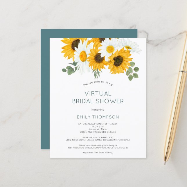 Budget Sunflower - Virtuele Bridal Shower-uitnodig (Voorkant / Achterkant in situ)