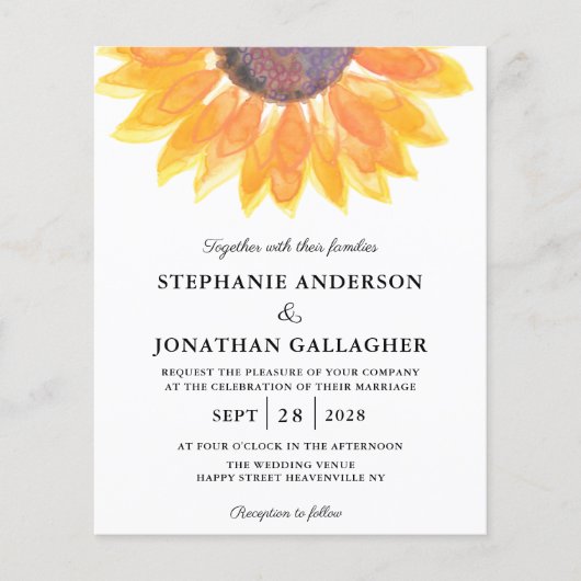 Budget Sunflower Waterverf Wedding Invitation (Voorkant)