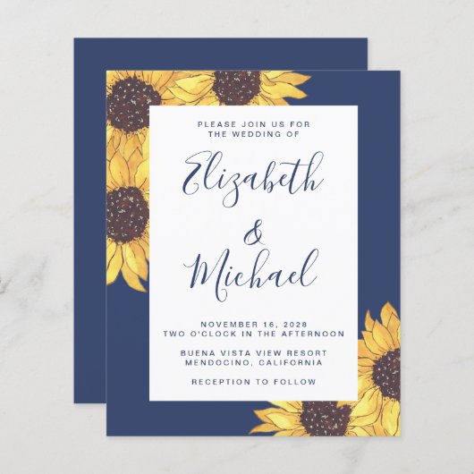 Budget Sunflower Waterverf Wedding Invitation (Voorkant / Achterkant)