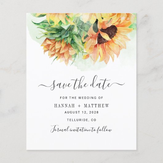 Budget Sunflower Waterverf Wedding Save the Date (Voorkant)