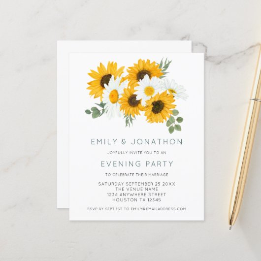 Budget Sunflower Wedding Evening Party Invite (Voorkant / Achterkant in situ)