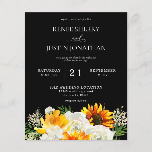 Budget Sunflower & White Rose Black Wedding Flyer (Voorkant)