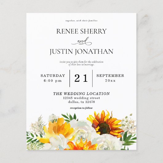 Budget Sunflower & White Rose Floral Wedding Flyer (Voorkant)