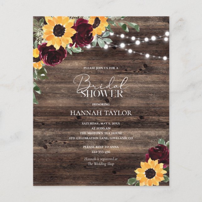 Budget Sunflower Wood Bridal Shower Invitation (Voorkant)