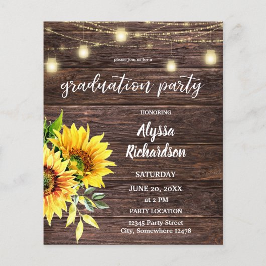 Budget Sunflower, Wood Licht Graduparty Flyer (Voorkant)
