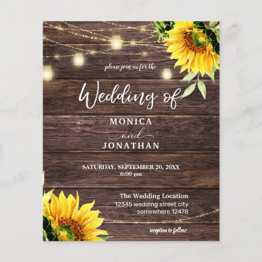Budget Sunflower Wood, Mason String Lights Wedding Flyer (Voorkant)
