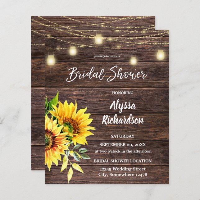 Budget Sunflower, Wood & String Lights Bridal (Voorkant / Achterkant)