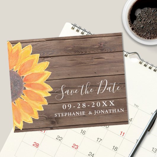 Budget Sunflower Wood Wedding Save the Date Kaart
