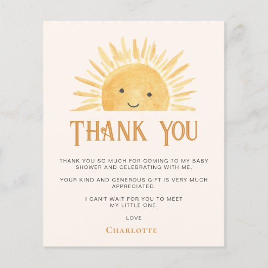 Budget Sunshine Baby shower Dank u kaart (Voorkant)