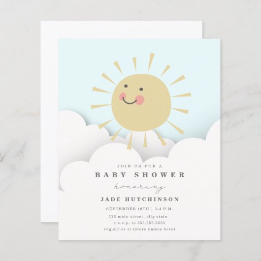 Budget Sunshine Clouds Baby shower Uitnodiging (Voorkant / Achterkant)