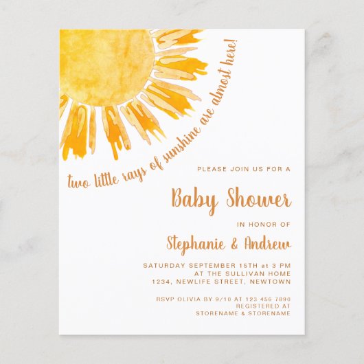 Budget Sunshine Couples Twins Baby shower Invite (Voorkant)