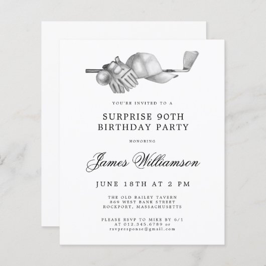 BUDGET Surprise Golf 90ste verjaardag uitnodiging (Voorkant / Achterkant)