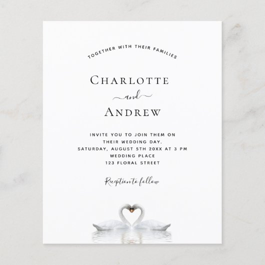 Budget swan-koppel uitnodiging voor witte bruiloft (Voorkant)