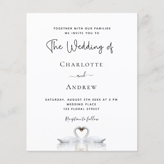 Budget swan-koppel uitnodiging voor witte bruiloft (Voorkant)